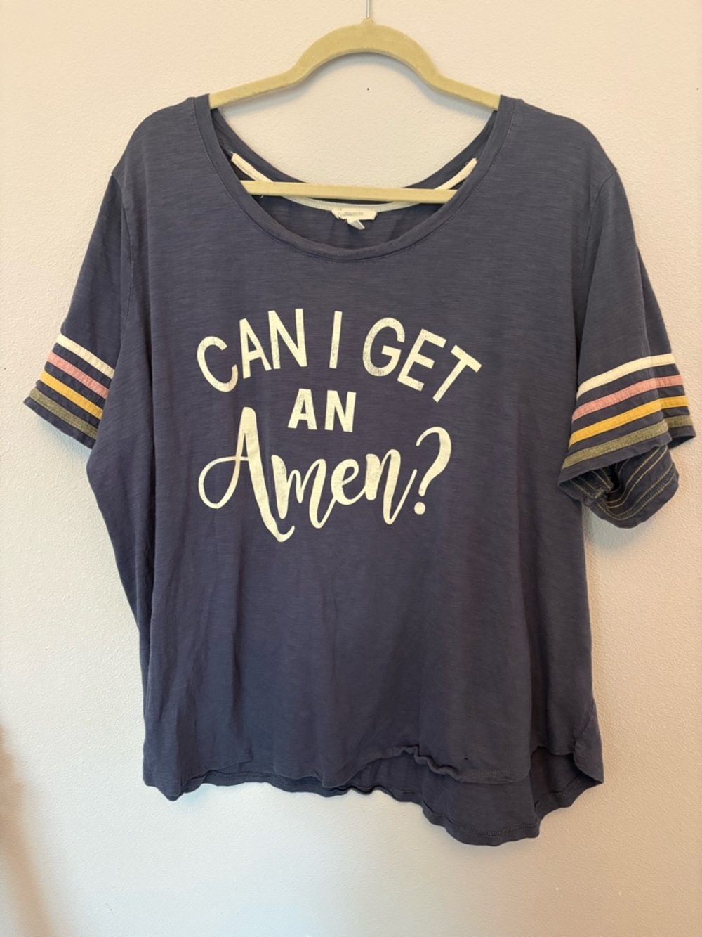 Maurices Navy Graphic Tee "Can I Get An Amen?" with Stripe Sleeves